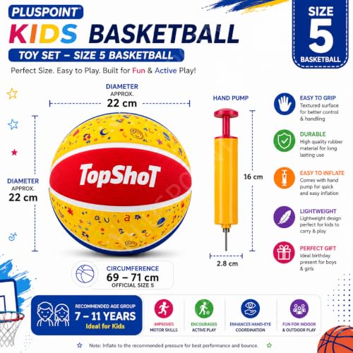 Image of PLUSPOINT Basketball for Kids with Air Pump | Colorful Printed Rubber Basketball for Indoor & Outdoor Play | Training Sports Ball for Boys & Girls | Easy Grip Recreational Basket Ball