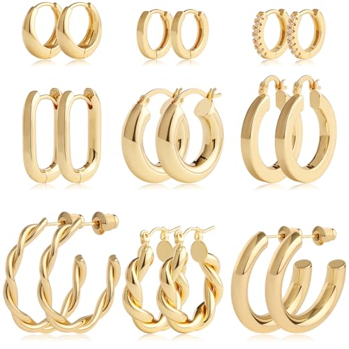 Gold Hoop Earrings Set 14k Gold Plated Huggie Earrings Hypoallergenic Chunky Twisted Thick Jewelry for Multiple Piercing Christmas Gift for Women - Main Image