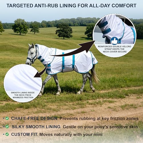 Image of Fly Sheet for Mini Horse /Pony /Foal & Weanling /Yearling /Donkey - Detachable Neck Cover & Belly Wrap, Lightweight Airflow Mesh Summer Sheet for Pasture & Stable, UV Protection White 58 inch