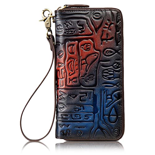 Women's Vintage Wristlet Wallet, Genuine Leather Cell Phone Purse, RFID Blocking Card Holder with Pictogram Pattern, Black Red+blue, One Size