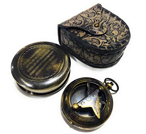Brújula de latón vintage grabada con estuche de cuero miniatura 1