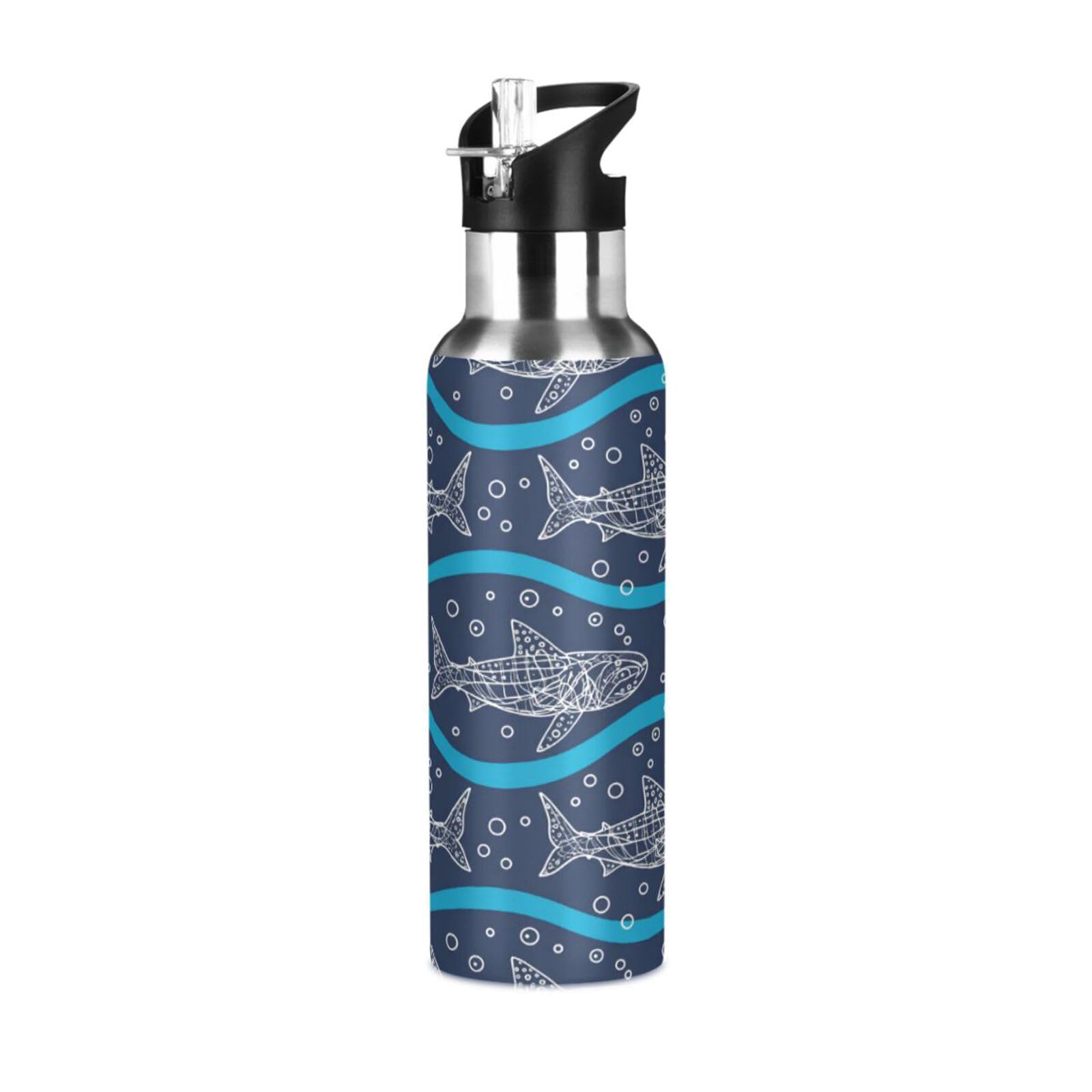 BOESI Tribal Sharks Waves Insulated Water Bottle 600ml, Stainless Steel Vacuum Sports Bottle with Straw, Leak Proof Thermal Bottle for Gym Travel Outdoor