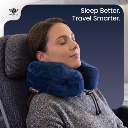 Image of Premium Memory Foam Neck Pillow by ValorX USA for Travelling 360 Neck Support with Ultra-Soft Lightweight Velvet Cover & Free Travel Pouch, Blue