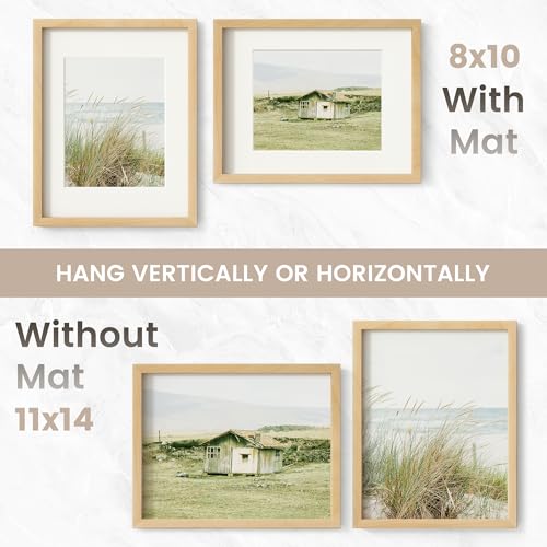 Image of 11x14 Picture Frame, USA-Sourced Natural Beech Wood Photo Collage Frame with HD Tempered Glass, Modern Simple 11 x 14 Wooden Frame Matted to 8x10, Vertical & Horizontal Wall Hanging Display