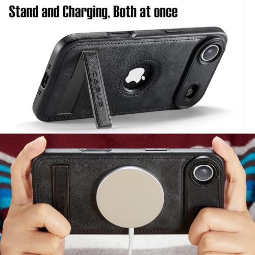 Image of Casus Designed for iPhone Air Case Compatible with MagSafe Kickstand Vegan Leather Classic Luxury Elegant Thin Protective Cover with Tempered Glass Screen (2025) 6.5 inch - Black
