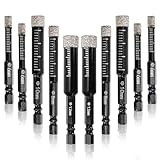 Hacaroa 10 Pack Dry Diamond Drill Bit Set, 1/4 5/16 3/8 1/2 Inch Diamond Core Drill Bits for Tile, Ceramic, Glass, Marble, Granite, Stone, 6, 8, 10, 12mm, 1/4 Inch Hex Shank, 4 Sizes