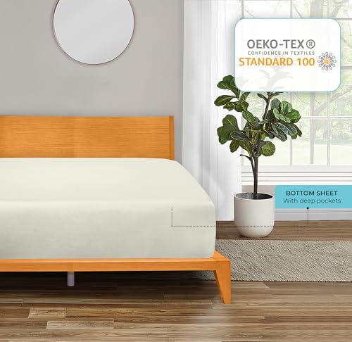 Image of ROYALE LINENS 300 Thread Count 100% Long Staple Combed Cotton Fitted Sheet Full - Super Soft Deep Pocket Bottom Sheet - Fitted Sheets Only - Elastic Sheets (Full, Ivory)