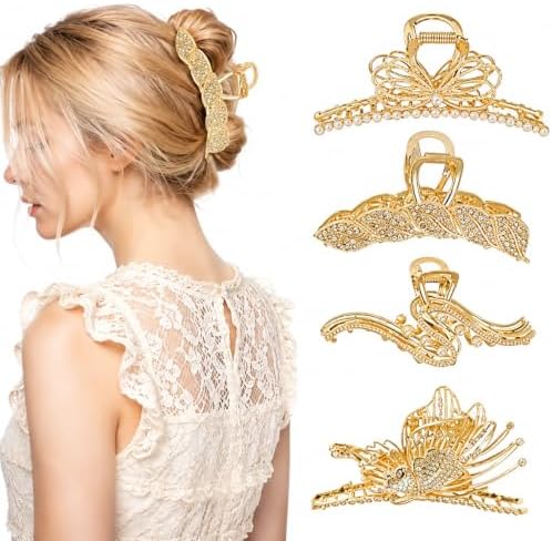 4PCS Large Metal Hair Claw Clips with Rhinestones Pearls Gold Sparkly Strong Metal Non-Slip Butterfly Hair Clips Cute Claw Clips for Women Thick Hair