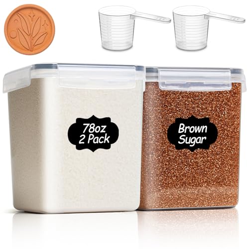 ComSaf Brown Sugar Container Set of 2 (2.5L/83Oz), Airtight Food Storage Containers with Lids and Terra Cotta Brown Sugar Saver, Plastic Canisters Sets for Kitchen, Pantry Organizers for Flour, Baking