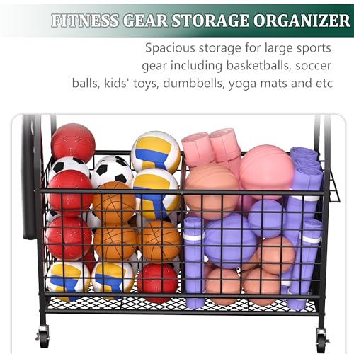 Sports-Gear-Organizer-Garage-Ball-Storage-Rack-with-Wheels-Rolling-Ball-Storage-Cart-for-Basketballs-Soccer-Bats-Helmets-Toys-Multi-Functional-Ball-Rack-Organizer-for-Indoor-Outdoor-Use-Black