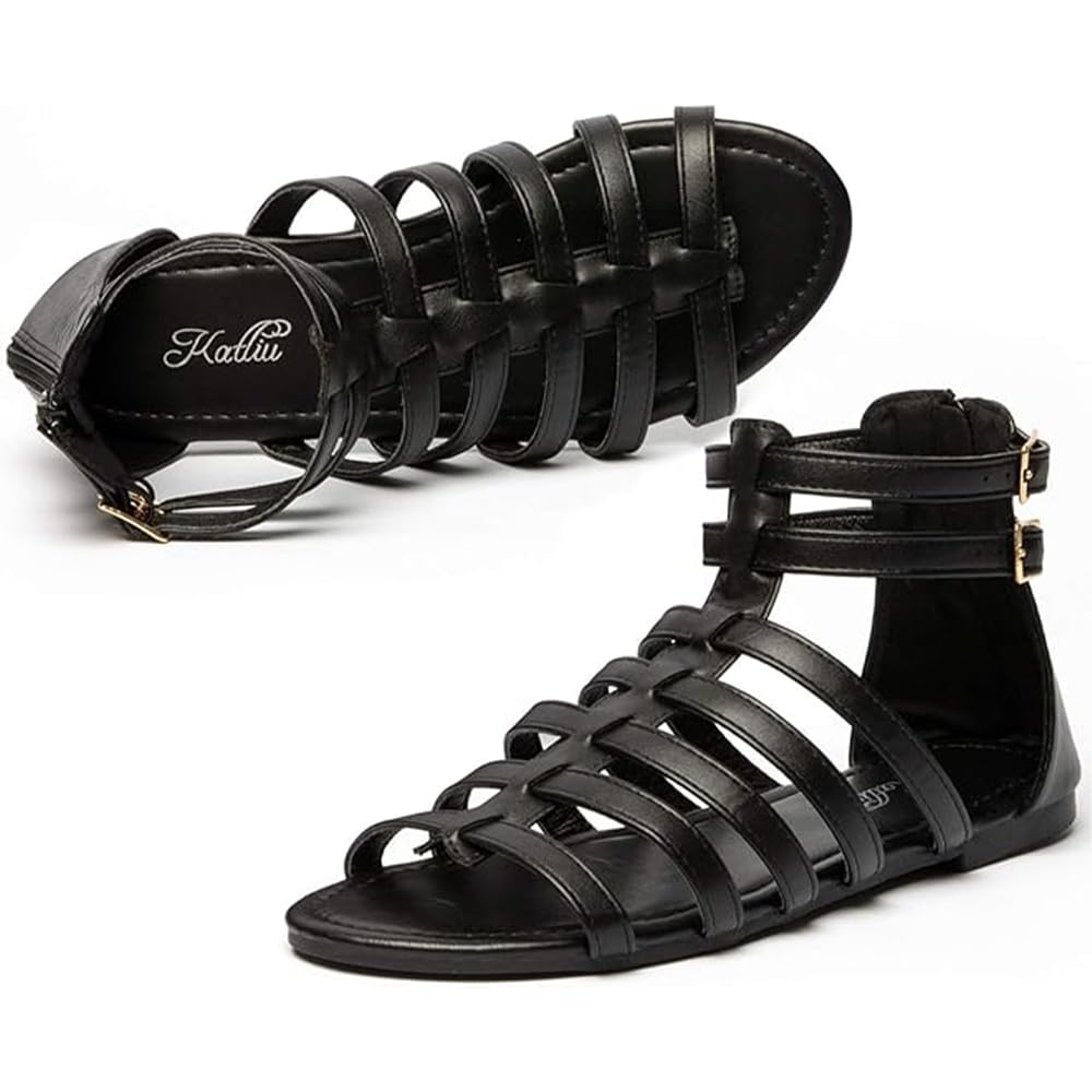 Photo 1 of katliu Women's Gladiator Sandal Strappy Flat Sandals Two Ankle Buckle Black 7.5