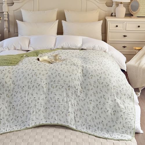 Image of Muslin Throw Blanket 100% Cotton 6-Layer Gauze Floral Pattern Cooling Blanket Lightweight Soft Breathable Quilt for All Season Both Sides for Sofa Couch (Leaves Green, Throw 50 inchx60 inch)