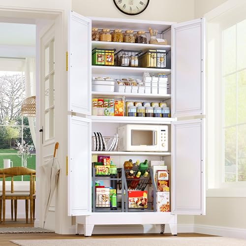Image of GAIOUS 75.2 inch Tall Metal Pantry Cabinet, Kitchen Pantry Storage Cabinets with 4 Door and 4 Adjustable Shelves, White Storage Cabinet, Freestanding Cupboard for Kitchen Dining Room Living Room Bathroom