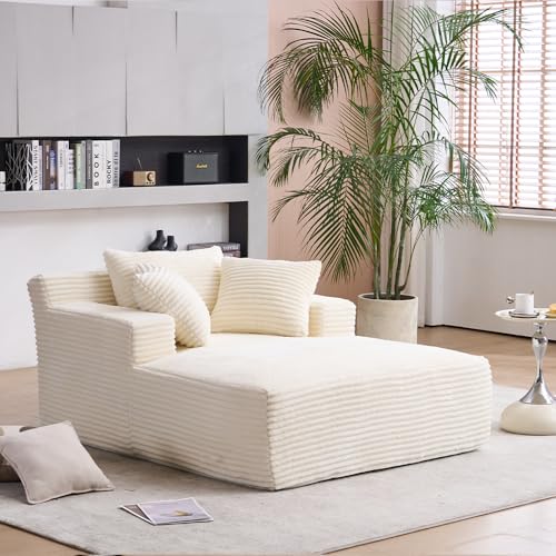 Image of Oversized Chaise Longue Chair Indoor, Upholstered Corduroy Deep Seat Sofa Bed with Throw Pillows and Armrests, Sleeper Sofa Couch for Living Room, Bedroom Apartment HD276