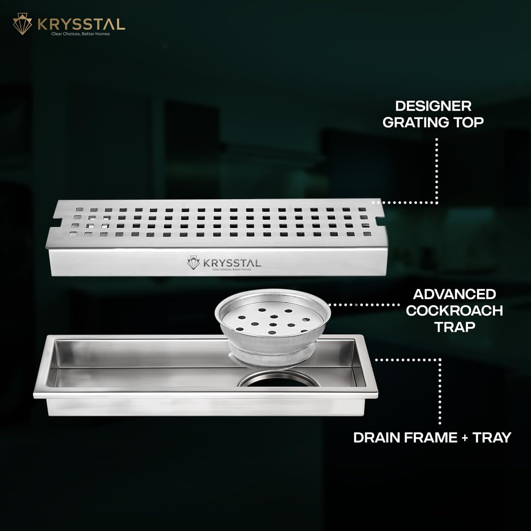 KRYSSTAL Quattro 12 x 4 Inches Shower Drain Channel | 304 Grade Stainless Steel Shower Drain Cover with Cockroach Trap | Bathroom Water Drainer with Side Hole | Linear Floor Drain for Bathroom 1