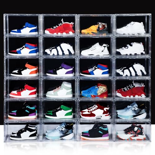 Image of NYZE 12 Pack Acrylic Shoe Boxes Side Open, Clear Shoe Box Plastic Stackable, Shoe Storage Organizer with Magnetic Door, Shoe Display Shoe Containers with Lids Fits Up to Size 15