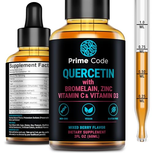 Prime Code Quercetin Liquid with Bromelain Zinc Vitamin C & D3 Mixed Berry Flavor Vegan Non-GMO Gluten Free Antioxidant & Immune Support Supplement High Absorption 2 fl oz (60mL)