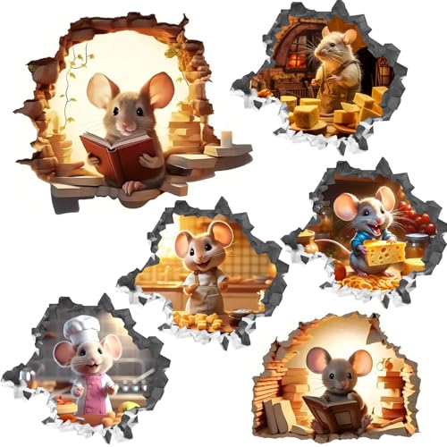 Lotusamber 6PCS 3D Mouse Hole Wall Decals Cute Mouse Wall Stickers for Room Decor 6 Style Mouse Hole in The Wall Sticker for Bedroom Home Nursery Decor Funny Gift Potty Training Gift Idea
