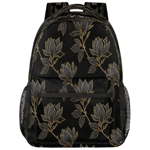 Mochila de viaje con magnolias negras para laptop de 15.6 pulgadas
