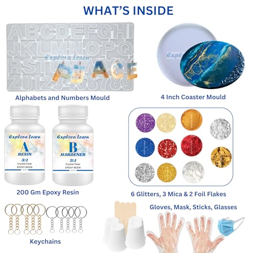 Image of Exploralearn Ultimate Resin Art Kit- DIY Alphabet And Coaster Kit With 200 Gm Epoxy Resin And Silicone Moulds- Comprehensive Resin Art Materials- Mica,Glitters And Flakes|Resin Art Kit| Multicolor