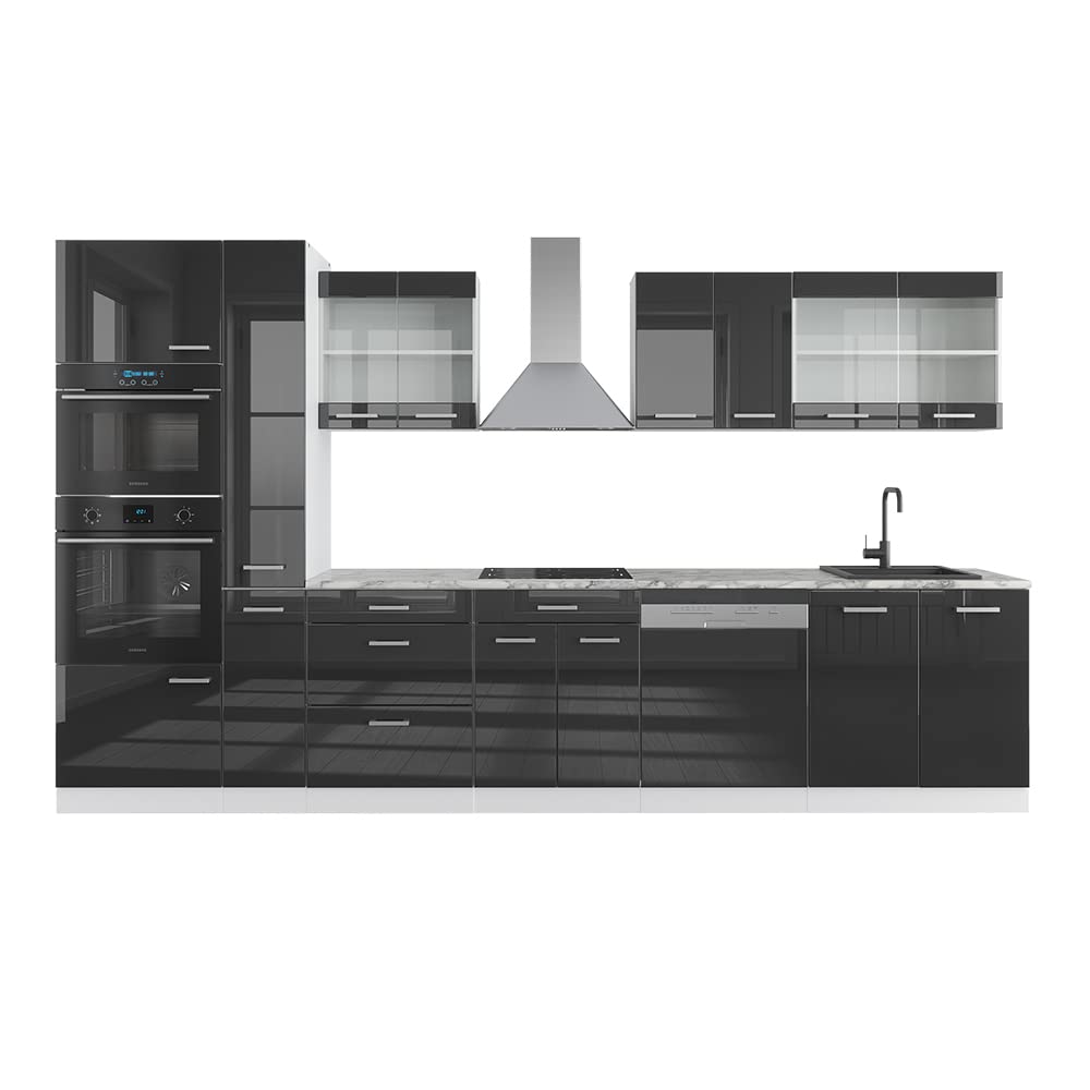 Vicco Cucina componibile R-Line, Antracite lucido/bianco, 350 cm con armadio alto, senza piano di lavoro, adatto per disposizione e ampliamento personalizzati