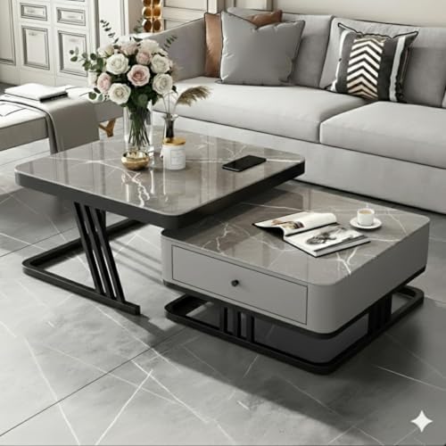 Image of Iron Frame Handmade Drawer Square 20 inchx20 inch Coffee Table Set 2 piece, Nesting Table with Marble Look Center Table Storage Drawer for Living Room /Drawing Room /Balcony (Grey Black)
