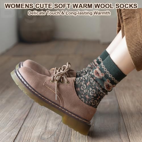Image of IIG 5 Pairs Womens Pretty Vintage Wool Socks Unique Print Design Soft Cozy Warm Crew Socks Christmas Gift