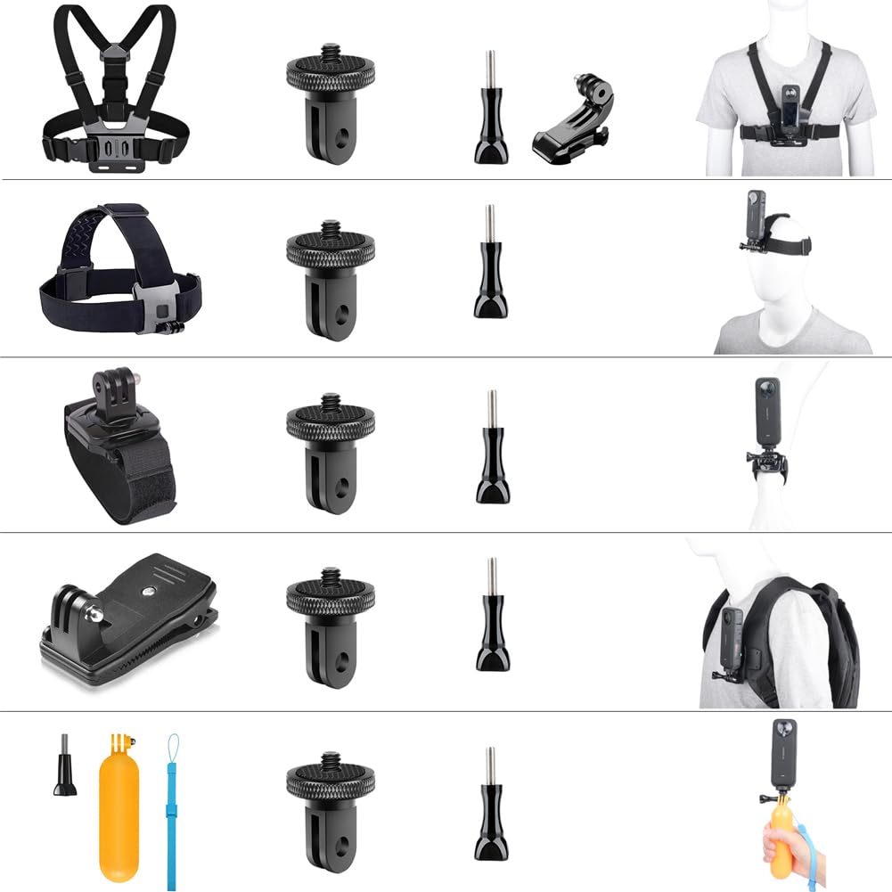 10 en 1 Kit caméra d'action,pour Insta360 X5/X4 Air/X4/X3/Ace Pro, Harnais Telephone, Fixation Bandeau, Fixation Poignet,Clip de Sac à Dos, Support Flottant, Compatible avec GoPro Hero,SJCAM