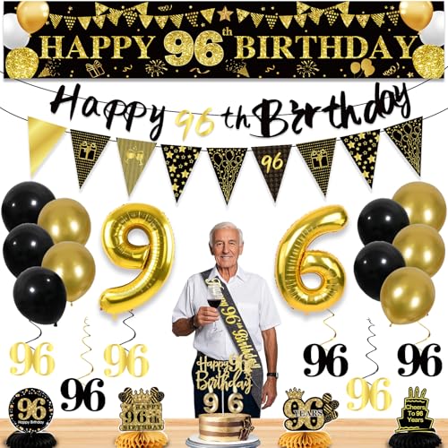 Image of 96th Birthday Decorations for Men, Black Gold 96th Party Decorations | 27pcs Happy 96th Birthdays Set: Banner, Honeycomb, Balloons, Gold Number, Candle, Hanging Swirls, Cake Topper, Party Supplies