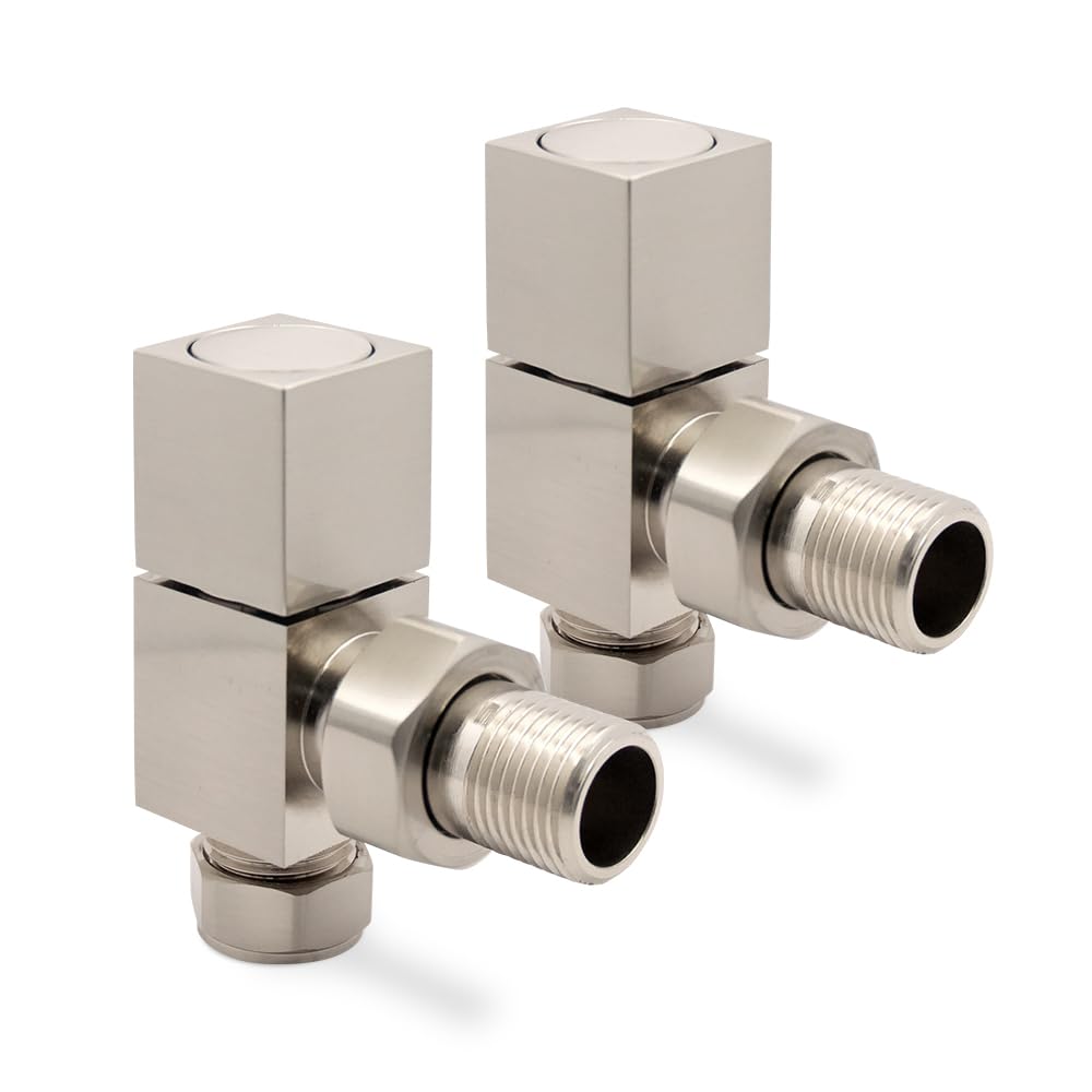 Angled Brushed Nickel Square (Cubic) Valves for Radiators & Towel Rails