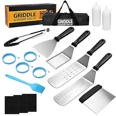 Flat Top Griddle Accessories Set, Professional Indoor Hibachi Grill Spatula Set with Burger Spatulas Scraper, BBQ Tool Griddle Accessory Utensils Kit for Men Outdoor Flattop Grills Cooking (Black)