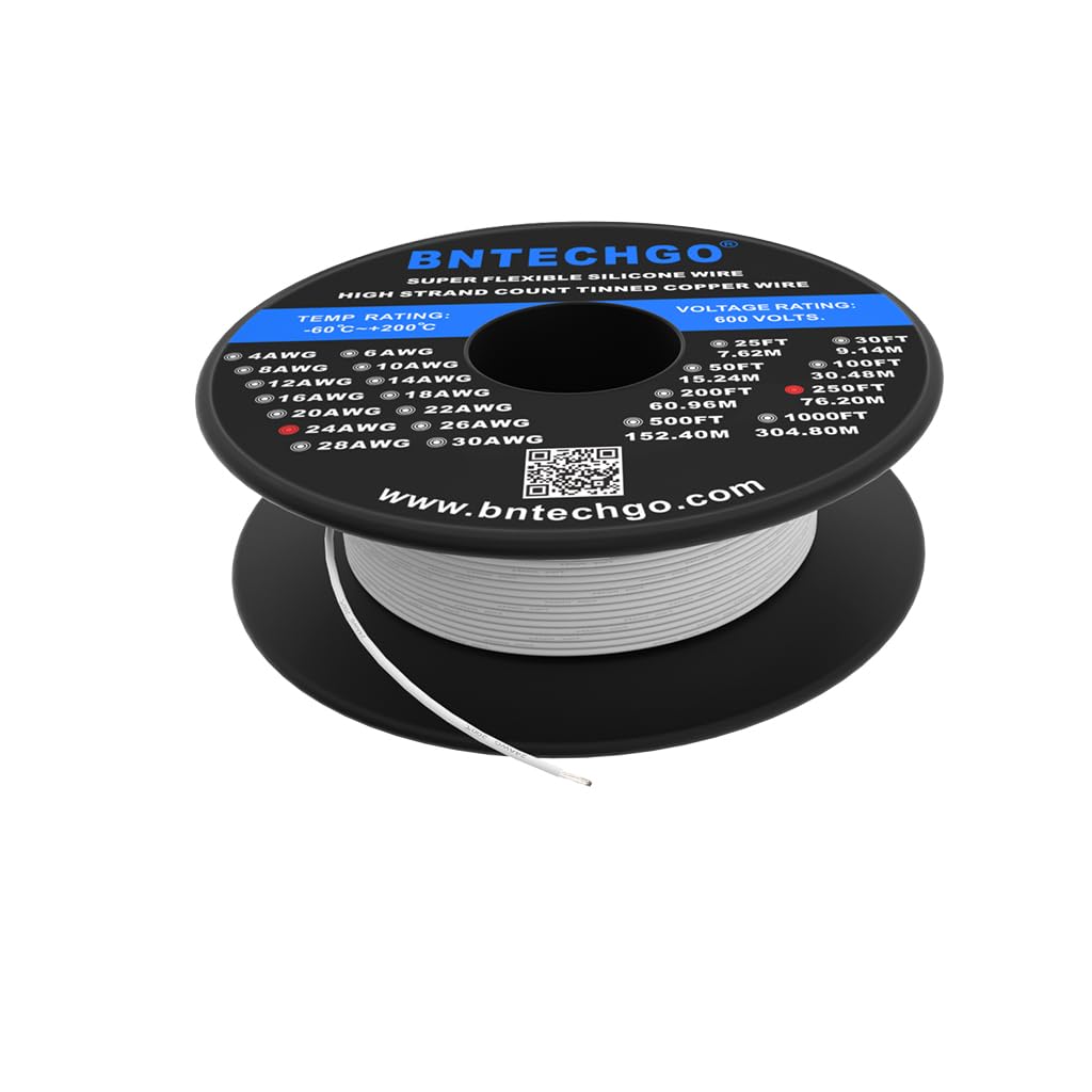 BNTECHGO 24 Gauge Silicone Wire Spool 250 ft White Flexible 24 AWG Stranded Tinned Copper Wire