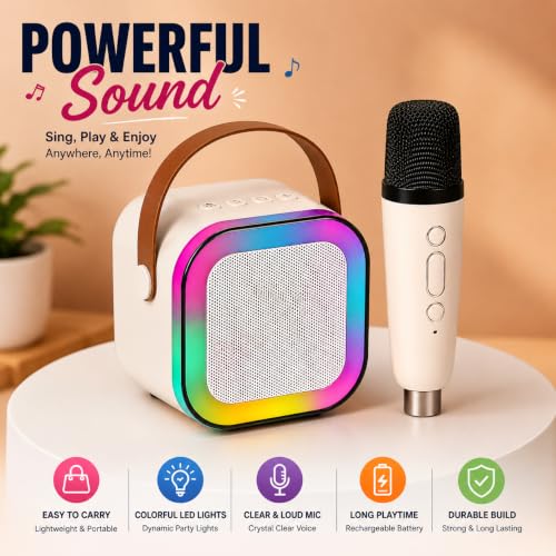 Image of Rechargeable Karaoke Mic with Speaker for Singing | Wireless Mini Portable Bluetooth Speaker with Microphone & LED Lights | Birthday Gift for Kids, Musical Toys for Boys & Girls