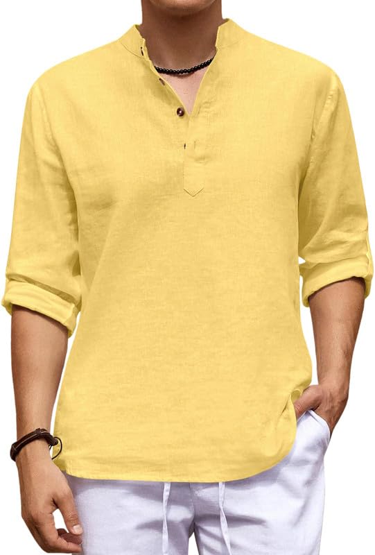 Image of ROYALSCOUT Men's Cotton Blend Casual Short Kurta Shirt with Notch Neck and Button Detail | Full Sleeve Straight Fit Lightweight Ethnic Top for Summer