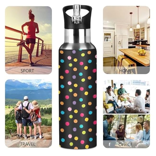 Crayon Polka Dots Black Insulated Stainless Steel Water Bottle with Straw 32 Oz Leakproof Water Bottles, BPA-Free Sports Water Bottle with Straw