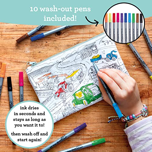 Image of eatsleepdoodle DIY Coloring Cars & Tracktors Pencil Case for Kids with 10pcs Washable Markers, Reusable Art Supply Organizer, Fun Arts & Crafts Activity for Boys & Girls, Creative Gift Idea for Ages