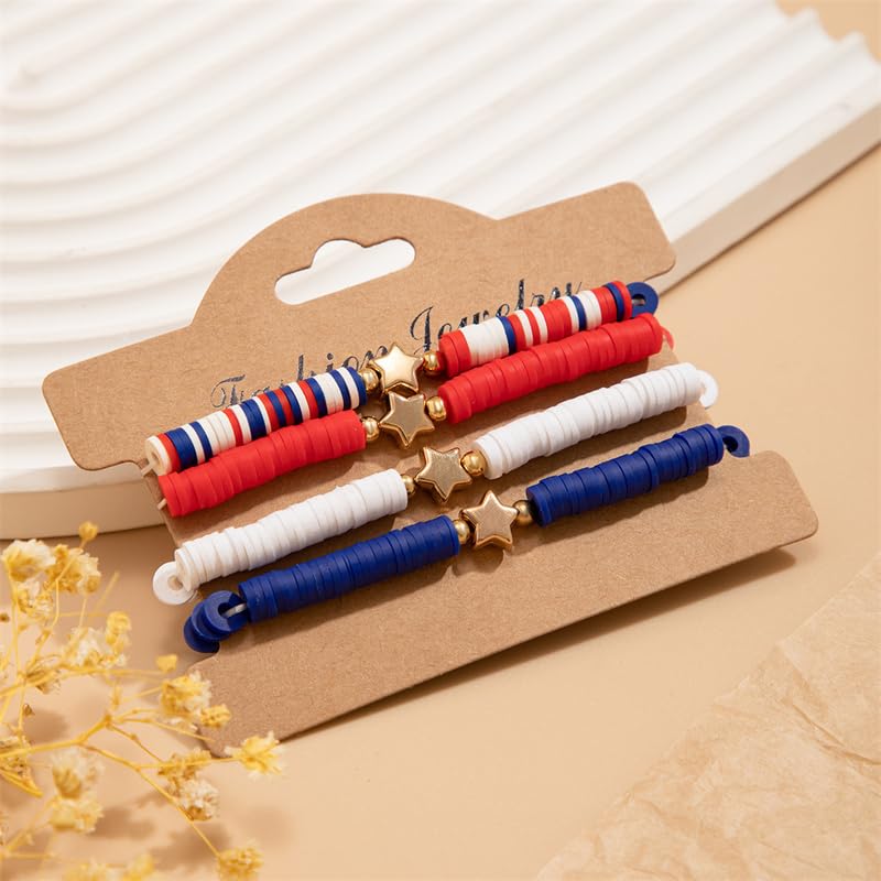 4th of July Summer Beach Heishi Surfer Bracelets Set for Women America Patriotic Flag Clay Beaded Stretch Bracelet Red White Blue Star Stackable Charm Bangle Independence Day Gifts2