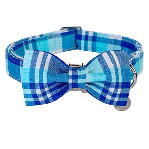 Image of DOGWONG Plaid Dog Collar with Bow tie-Summer Cotton Dog Collar Blue Plaid Pet Collars Comfortable Cute Collars for Small Medium Large Dogs