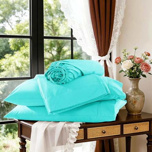 Image of 100% Egyptian Cotton Sheet Set 4 Pcs , 1200 TC, 16 inch Deep Pocket Sheet Queen | Long Staple Cotton Sheet, Soft and Breathable, 1 Fitted Sheet, 1 Flat Sheet, 2 Pillowcase Cozy for All Season, Lake Green