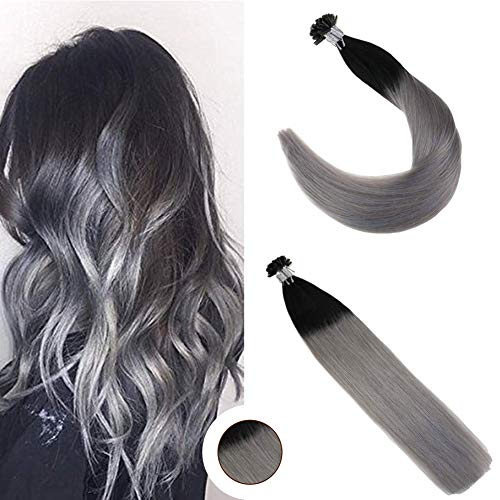 Pre Bonded Hair Extensions 16 inch 1g Per Strand 50gram Color #1B and Silver Ombre Human Hair Extensions Keratin U Tips Ombre Nail Tip Hair Extensions Brazilian Remy Human Hair …