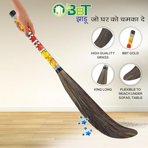 Image of BBT Phool Jhadu | Natural Grass Broom Stick for Home Cleaning | Eco-Friendly Long Handle Jhadu | Anti Dust, Lightweight & Durable Pack of- (2, Gold)