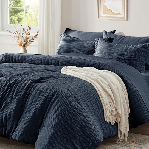 Image of Zzlpp King Comforter Set 7 Pieces, Navy Blue Seersucker Bed in a Bag with Comforter, 2 Pillow Shams, 2 Pillowcases, 1 Flat Sheet, 1 Fitted Sheet