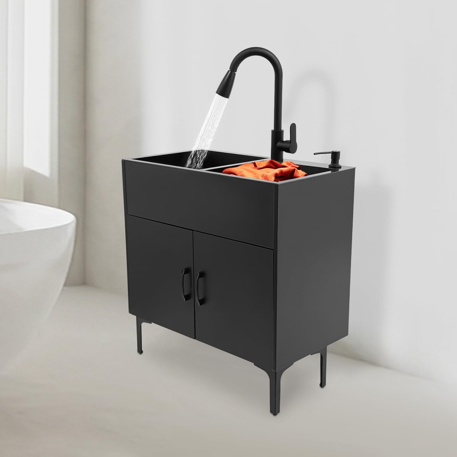 Freistehende Küchenspüle mit Unterschrank, Edelstahl Spülenschrank | 75 x 41 x 78cm | mit ausziehbarem Wasserhahn & Abflusseinheit | Modernes Design | Geräuscharm | für Küche, Waschküche