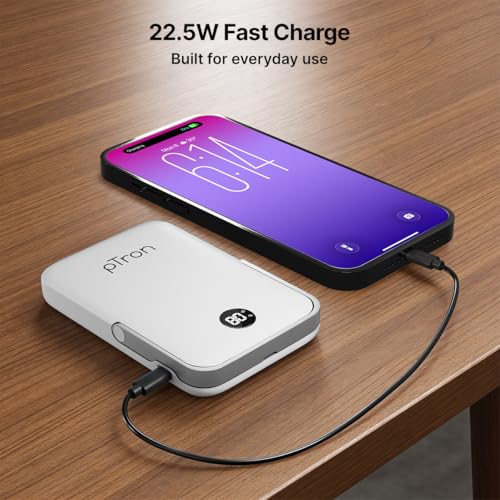 Image of pTron Dynamo Elite Magnetic Wireless 10000mAh Fast Charging Power Bank, 15W MagSafe Compatible, 22.5W Output, Compatible w /iPhone 12 & Above, Android & Other Qi Enabled Devices, Type-C Input (White)