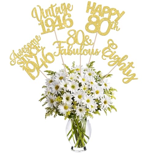 Image of 15 PCS 80th Birthday Centerpiece Sticks Double Sided Eighty Happy 80th Vintage 1946 Table Flower Centerpieces Sticks Cheers to 80 Fabulous Floral Decorations for 80th Birthday Party Supplies Gold