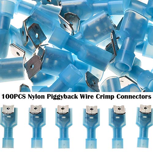 Davitu 100PCS Nylon Wire Connectors Kit Humpback Spade Electrical Crimp Terminals Blue Insulated Waterproof Piggy Back Terminators