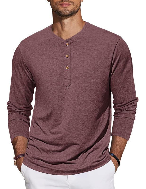 TARAINYA Henley Shirt Herren Baumwolle T-Shirt Langarm Einfarbig mit 3 Knopfleiste Rot L