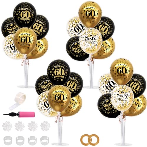 Image of TONIFUL 4 Set Black Gold 60 Printed Balloon Stands for 60th Birthday Decor