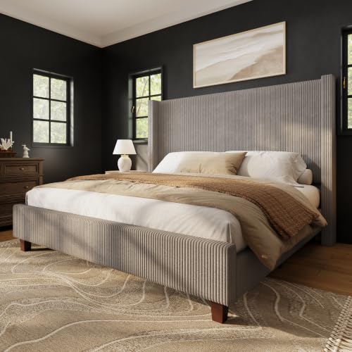 Image of HOWE Queen Size Bed Frame with 50.8 Inch Corduroy Wingback Headboard, Taupe | Modern Upholstered Platform Bed, Solid Wood Slats, No Box Spring Needed, Noise-Reducing Design