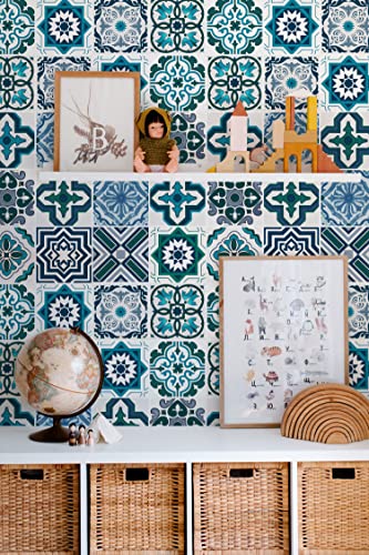Kukantst Blue Pattern Tile Wallpaper Boho Peel And Stick Wallpaper Kitchen Oil Resistant Contact Paper Self Adhesive Waterproof Vinyl Film Decorative Backsplash Bathroom Shelf Liner 15.8"X118" #TOP5